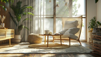 Panoramic 3D rendering of an interior featuring an armchair and coffee table.