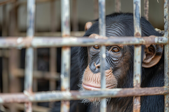Sad chimpanzee locked behind the bars of a zoo or lab cage, a heart-wrenching image of animal confinement, devoid of freedom