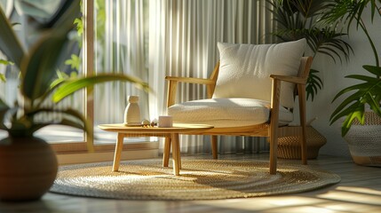Panoramic 3D rendering of an interior featuring an armchair and coffee table.