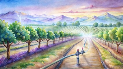 A picturesque vineyard utilizes smart irrigation techniques to nurture grapevines, ensuring a bountiful harvest of premium quality grapes
