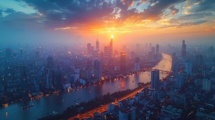 Obraz premium Bird's-eye view of the bustling cityscape of Bangkok at night