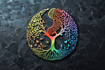 A yin yang tree of life in the middle, with rainbow colors in the clip art style on a black background.