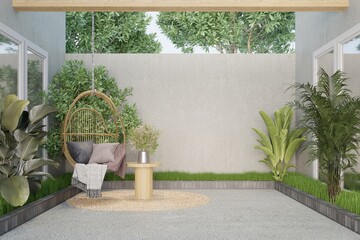 The sitting corner in the middle outside the room is for relaxing with hanging chairs and a garden.3d render