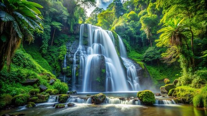 A cascading waterfall surrounded by lush greenery, its gentle roar echoing through the serene forest setting.