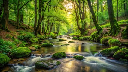 A babbling brook winding its way through a lush green forest, offering a natural, free space for solitude and reflection
