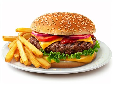 Picnic plate clipart with a burger and chips, isolated on white background
