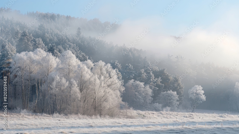 Poster a thick fog of hoar frost hovering over an eerily quiet forest adding a touch of mystery to the scen
