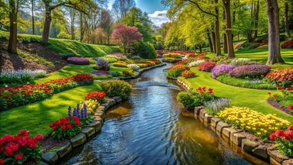 A peaceful park with a winding stream, surrounded by lush greenery and colorful flowers in bloom