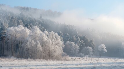 A thick fog of hoar frost hovering over an eerily quiet forest adding a touch of mystery to the scene.