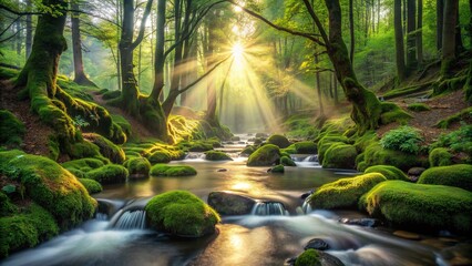 A tranquil creek flowing through a moss-covered forest, with sunlight streaming through the canopy above