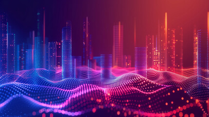 Vibrant blue and pink neon cityscape with dynamic digital waves pattern overlay. Futuristic pattern of dots and lines for a wallpaper