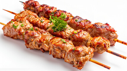 Fresh hot grilled Grilling lamb kebabs on the barbecue Grilled beef BBQ stick isolated on white...