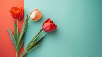 Fototapeta premium Three different colored tulips on dual-colored background