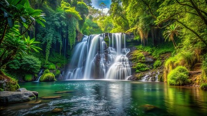 A tranquil scene of a secluded waterfall hidden within a dense forest, surrounded by lush vegetation