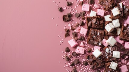 Assorted chocolates and sweets scattered on pink background