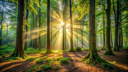 A peaceful forest scene with sunlight filtering through the dense canopy, illuminating the forest floor.