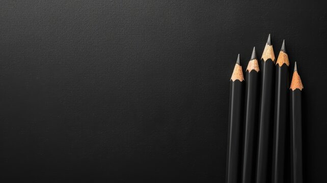 Set of sharpened black pencils aligned on dark background