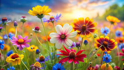 A close-up of colorful wildflowers blooming in a meadow, their petals depicted with soft watercolor strokes