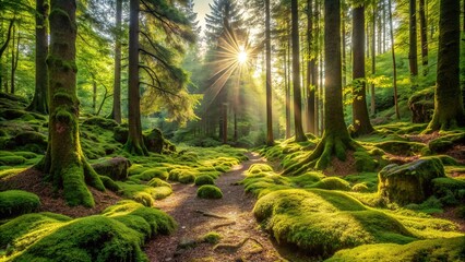 A quiet forest glen bathed in dappled sunlight, with a carpet of moss and ferns underfoot, providing a natural, free space for quiet contemplation