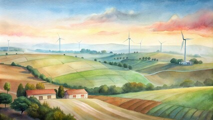 A panoramic view of a smart agricultural landscape with wind turbines in the distance