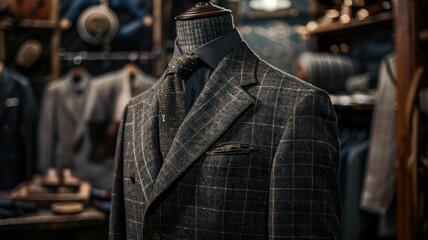 Fototapeta premium Tailored checkered suit jacket on mannequin in luxury clothing store