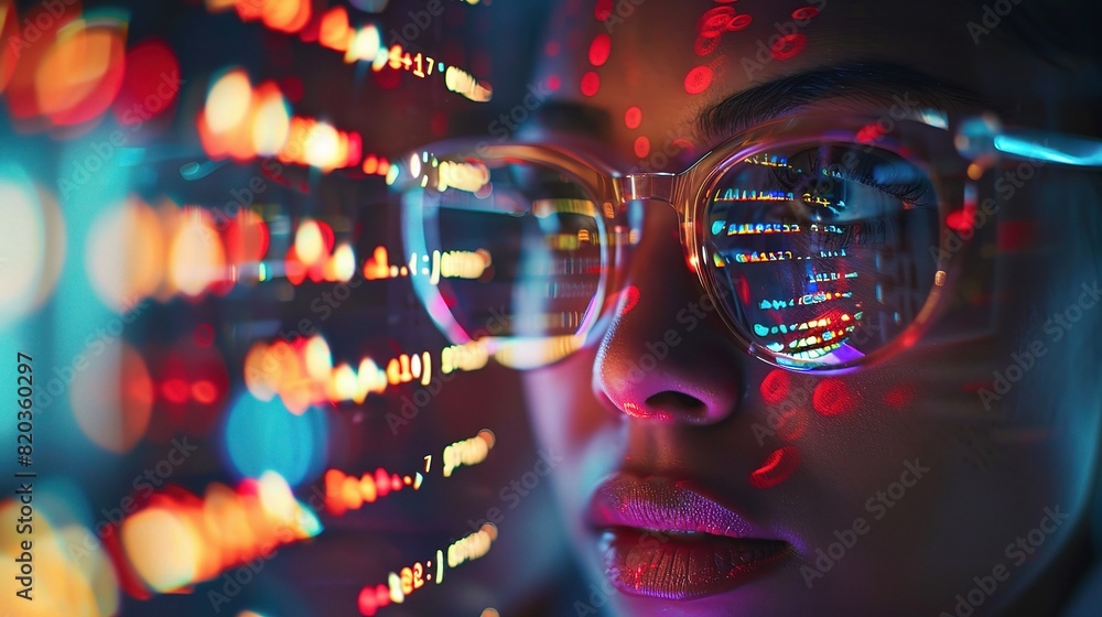 Poster person in glasses working on a computer with coding holograms at night