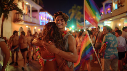 man and woman friends embrace joyfully amidst the crowd of a pride march