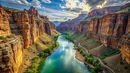 A winding river cutting through a rugged canyon, its clear waters meandering between towering cliffs, a testament to the timeless beauty of natural landscapes.
