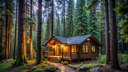 A secluded cabin nestled among tall trees in a tranquil forest, offering the perfect escape from the hustle and bustle of everyday life