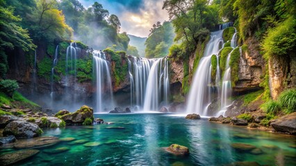 A majestic waterfall cascading down rugged cliffs into a crystal-clear pool below, surrounded by dense forest foliage and mist rising into the air. - Powered by Adobe