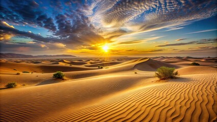 A serene desert landscape with sand dunes stretching to the horizon, bathed in the warm glow of the setting sun - Powered by Adobe
