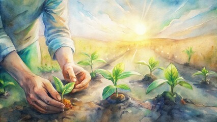 A close-up shot of hands planting young seedlings into the fertile soil of a smart farm, with soft sunlight filtering through