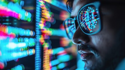 person in glasses working on a computer with coding holograms at night