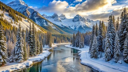 A serene mountain valley blanketed in fresh snow, with towering pine trees and a winding river cutting through the landscape