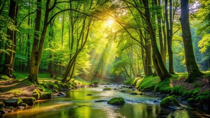 A gentle stream meandering through a lush green forest, surrounded by vibrant foliage and dappled sunlight filtering through the canopy.