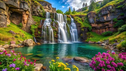 A majestic waterfall cascading down rugged cliffs into a pristine pool below, surrounded by lush greenery and vibrant wildflowers. - Powered by Adobe
