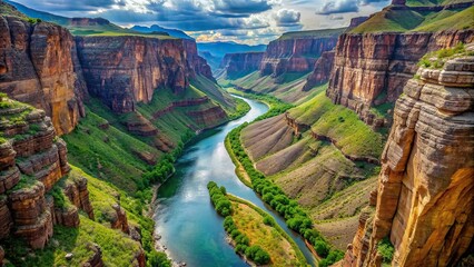 A winding river carving its way through a rugged canyon, framed by sheer cliffs and lush greenery.