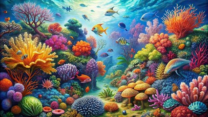 A vibrant portrayal of a coral reef teeming with life, rendered in bold watercolors, showcasing the diversity and beauty of underwater ecosystems