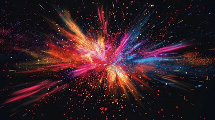 Abstract explosion of colorful rays and particles on a black background, data transfer concept