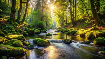 A peaceful river meandering through a sun-dappled forest, with moss-covered rocks lining its banks
