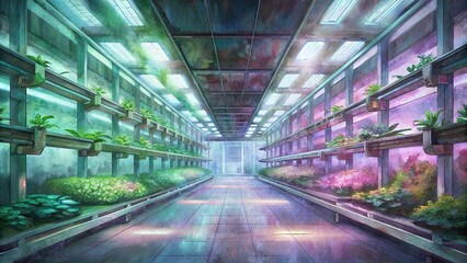 A futuristic indoor vertical farm illuminated by artificial LED lights, maximizing space and efficiency in food production