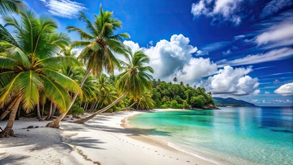 A secluded beach with powdery white sand and azure waters stretching to the horizon, framed by towering palm trees