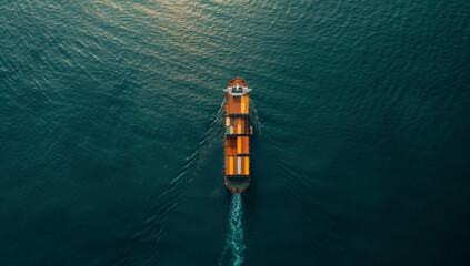 Aerial top view of a cargo ship with a container on the sea for trade, international business logistics and transportation in the global market
