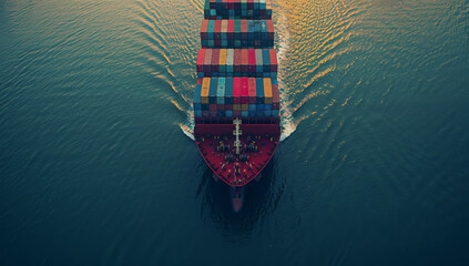 Aerial top view of a cargo ship at sea with a full container, a global business photo reportage about shipping and containers