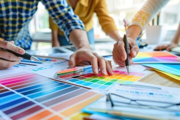Fototapeta premium Business people are discussing a marketing plan while pointing at color swatches and graphs on a table in their office.