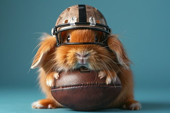 Adorable guinea pig wearing a football helmet while holding a ball. Cute pet photo for sports and animal lovers on a blue background.