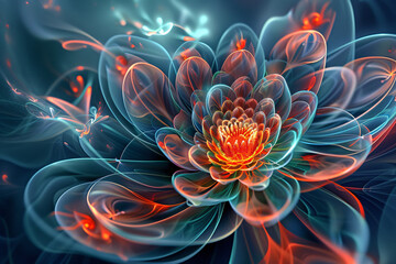 Close-up of a fractal background featuring a water lily blossom.
