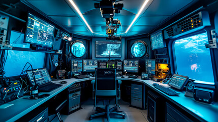 High-Tech Underwater Command Center with Advanced Control Panels and Monitors for Oceanographic Research and Deep-Sea Exploration
