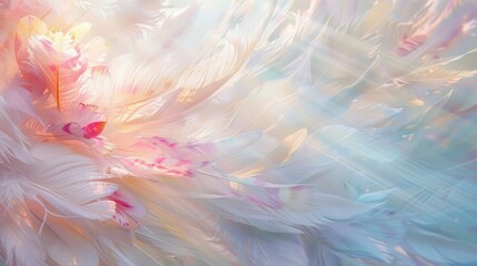 abstract painting with soft pastel colors, brush strokes, white background, feathers and flowers in 
