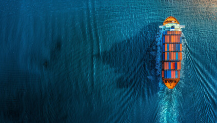 Aerial top view of a cargo ship with containers sailing in the open sea. The container steamer has a sign at the front in the style of boat wheels for global trade, business connectivity